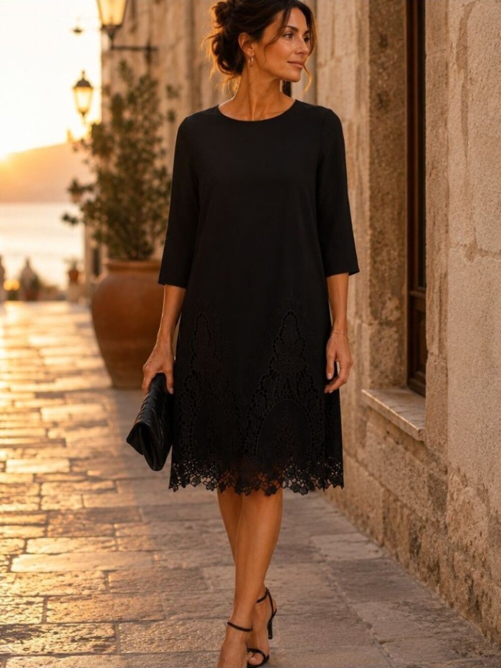 Charles Herman Silk Blend Black Lace Hem Dress Size 10 Minimalist Party Chic